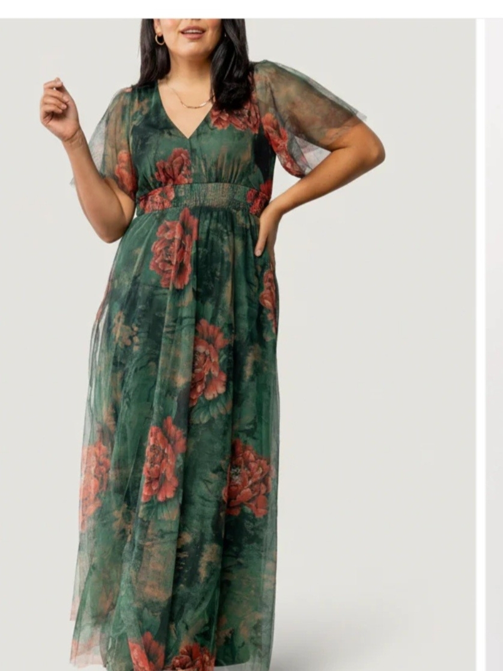 Baltic Born Deep Green Maxi Dress with Red Floral Accents - Picture 2 of 3